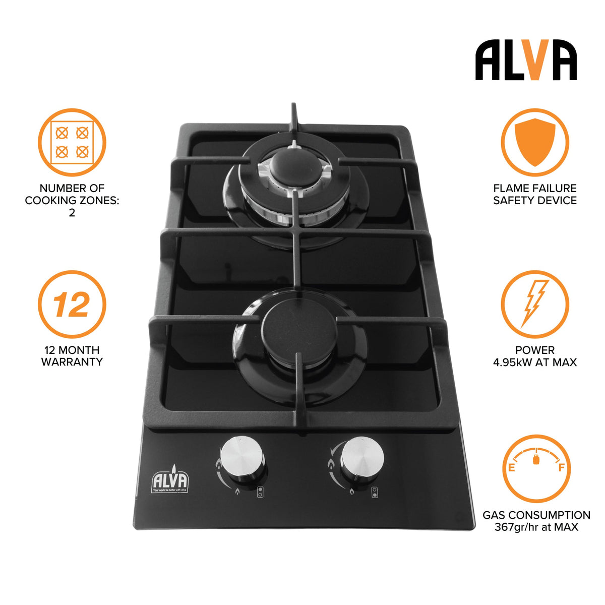 Alva 30cm 2-burner glass gas hob