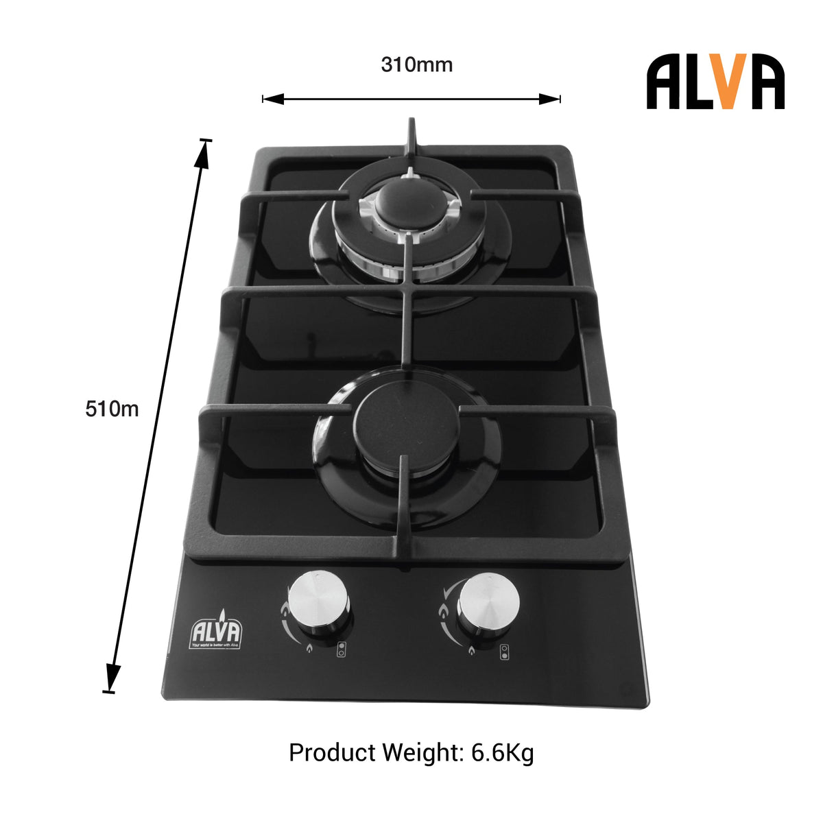 Alva 30cm 2-burner glass gas hob