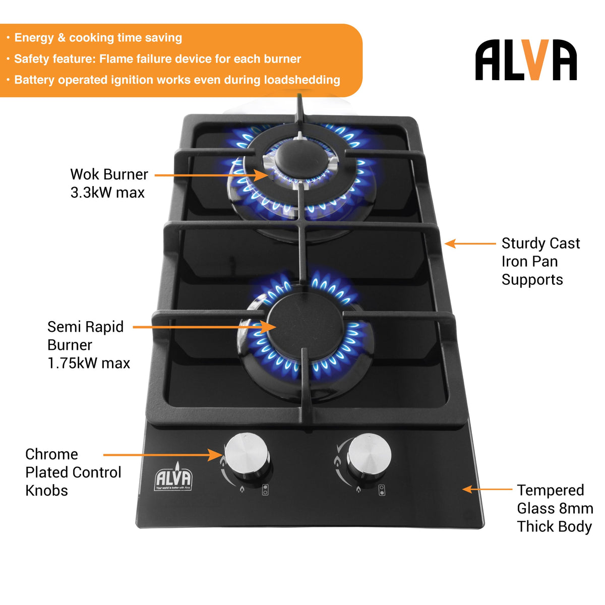 Alva 30cm 2-burner glass gas hob