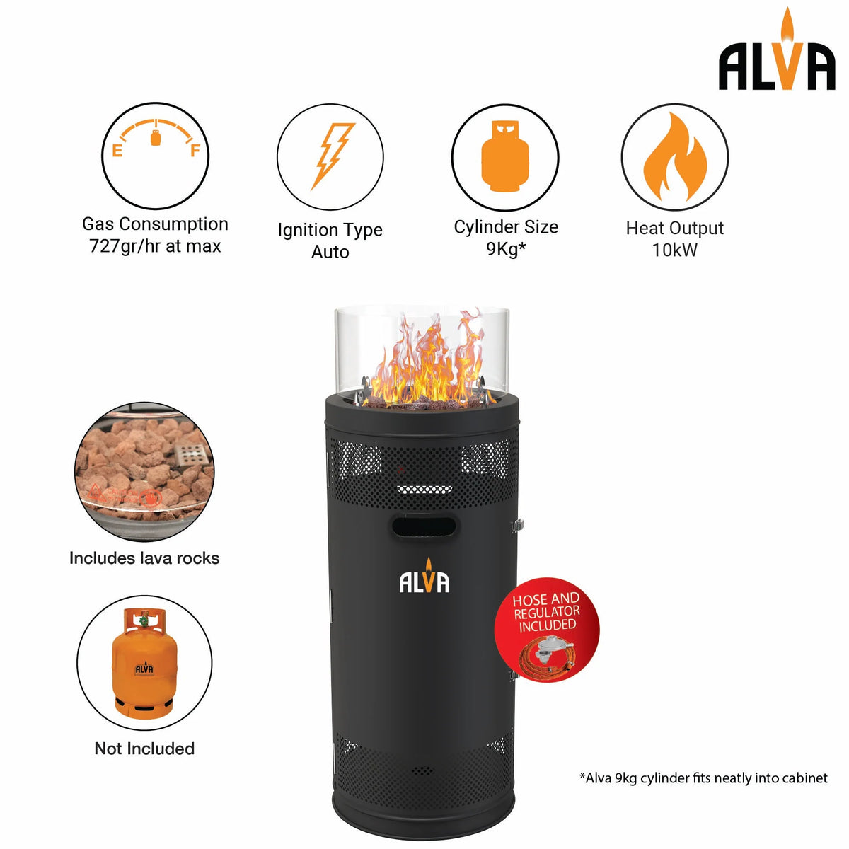 Alva Short Stand Firepit Gas Patio Heater With Lava Stones(10kW) | GHP38