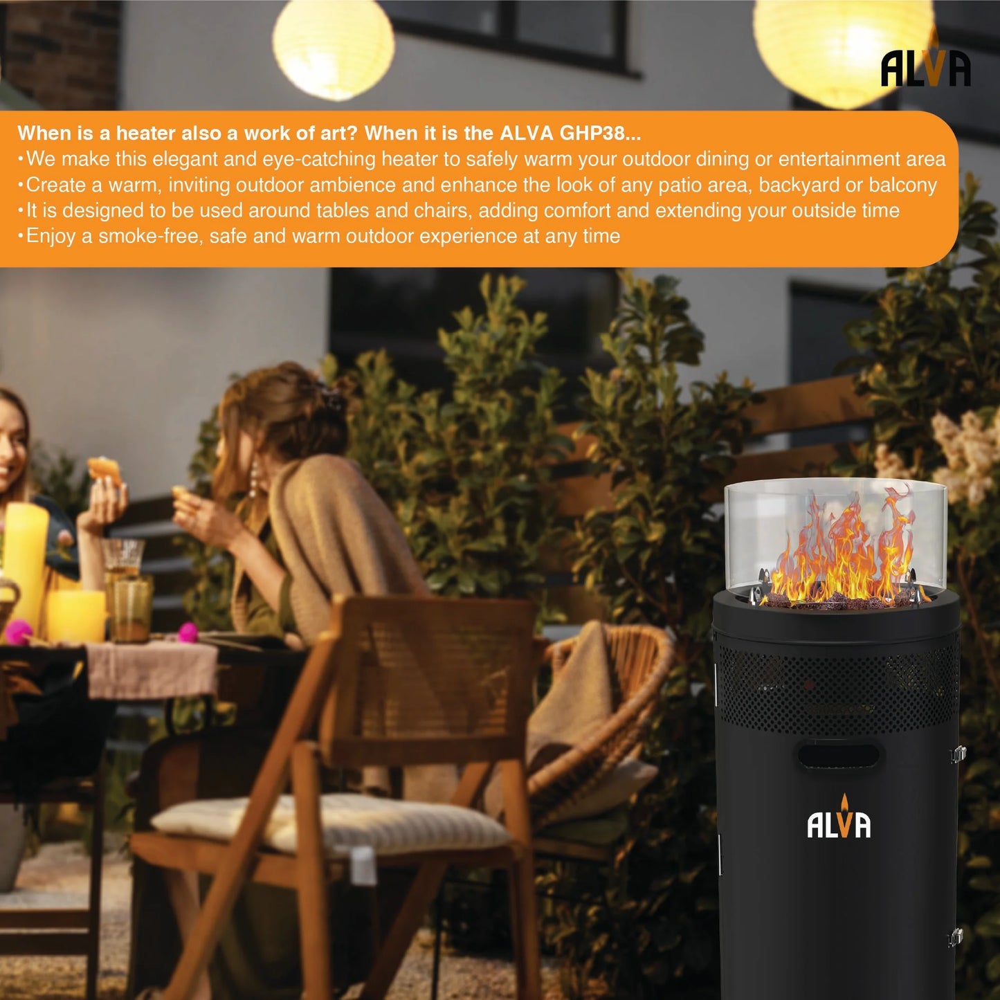 Alva Short Stand Firepit Gas Patio Heater With Lava Stones(10kW) | GHP38