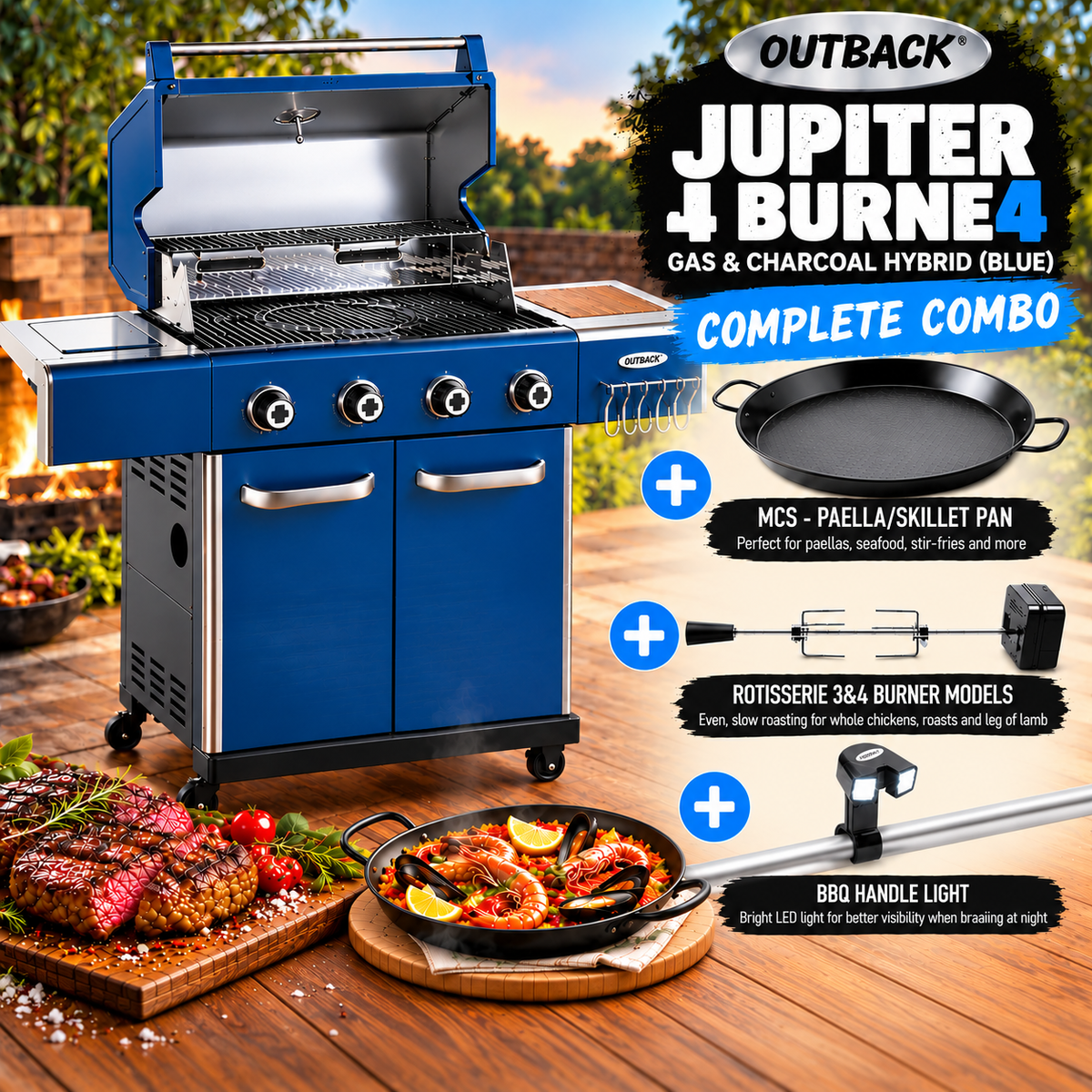 Outback® Jupiter 4 Burner Hybrid Blue, Rotisserie, Paella Pan & Handle Light Combo