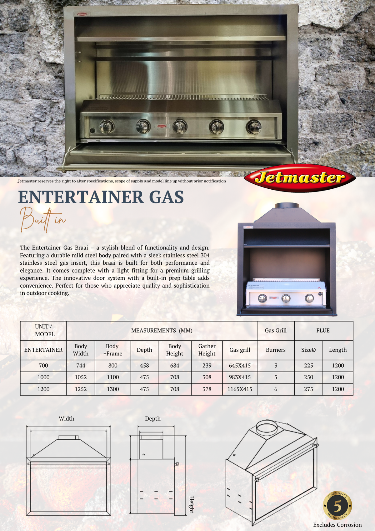 Jetmaster 700mm Entertainer M/S Cut For Gas With 3 Burner Shallow gas grill with igniter | D3000088