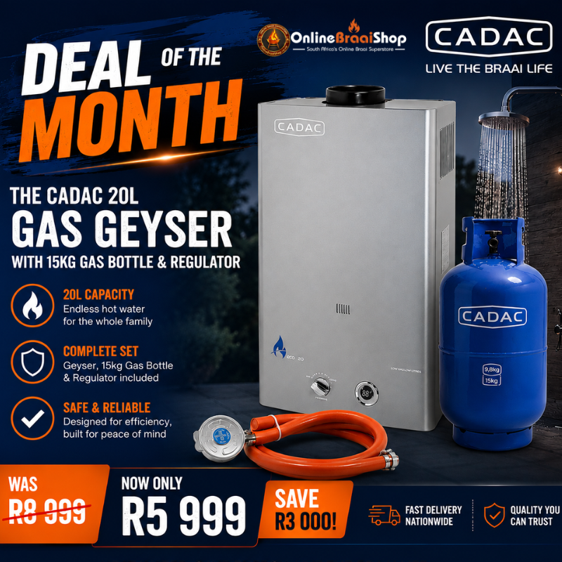 The CADAC 20L Gas Geyser with 15kg Gas Bottle & Regulator