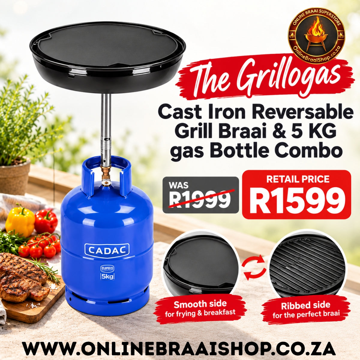 The Grillogas - Cast Iron Reversable Grill Braai & 5 KG gas Bottle Combo