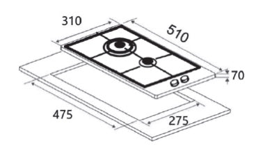 30cm - 2 Burner gas hob Stainless steel