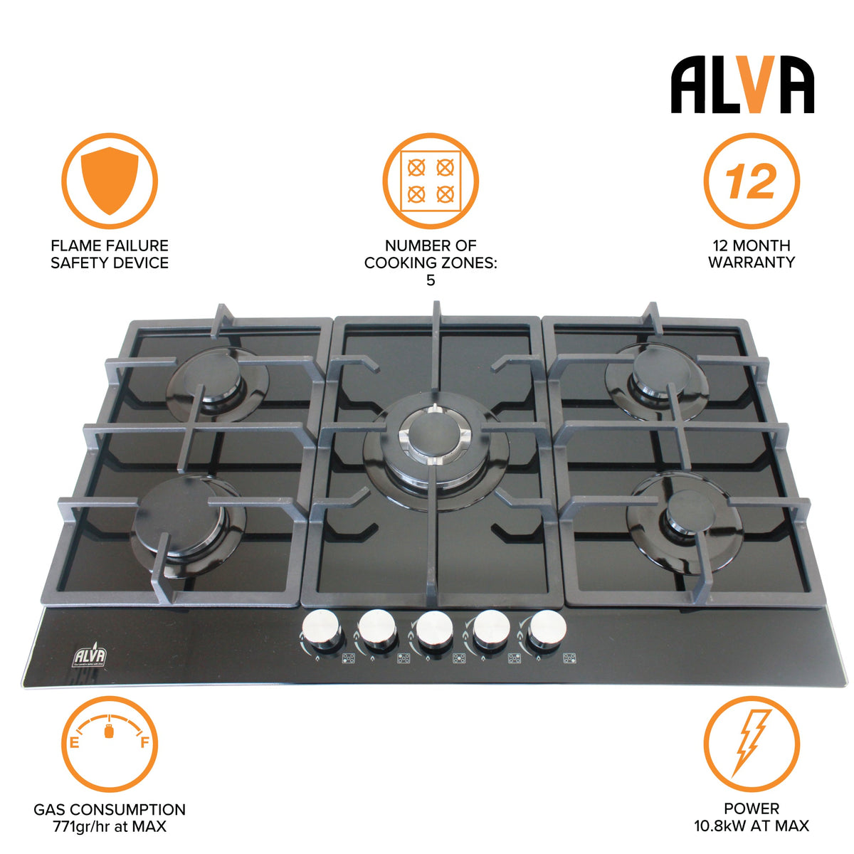 Alva 90cm 5-burner glass gas hob