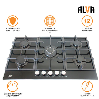 Alva 90cm 5-burner glass gas hob