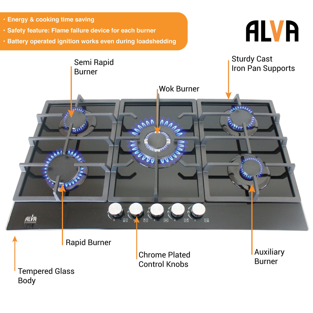 Alva 90cm 5-burner glass gas hob