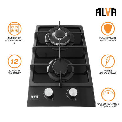 Alva 30cm 2-burner glass gas hob