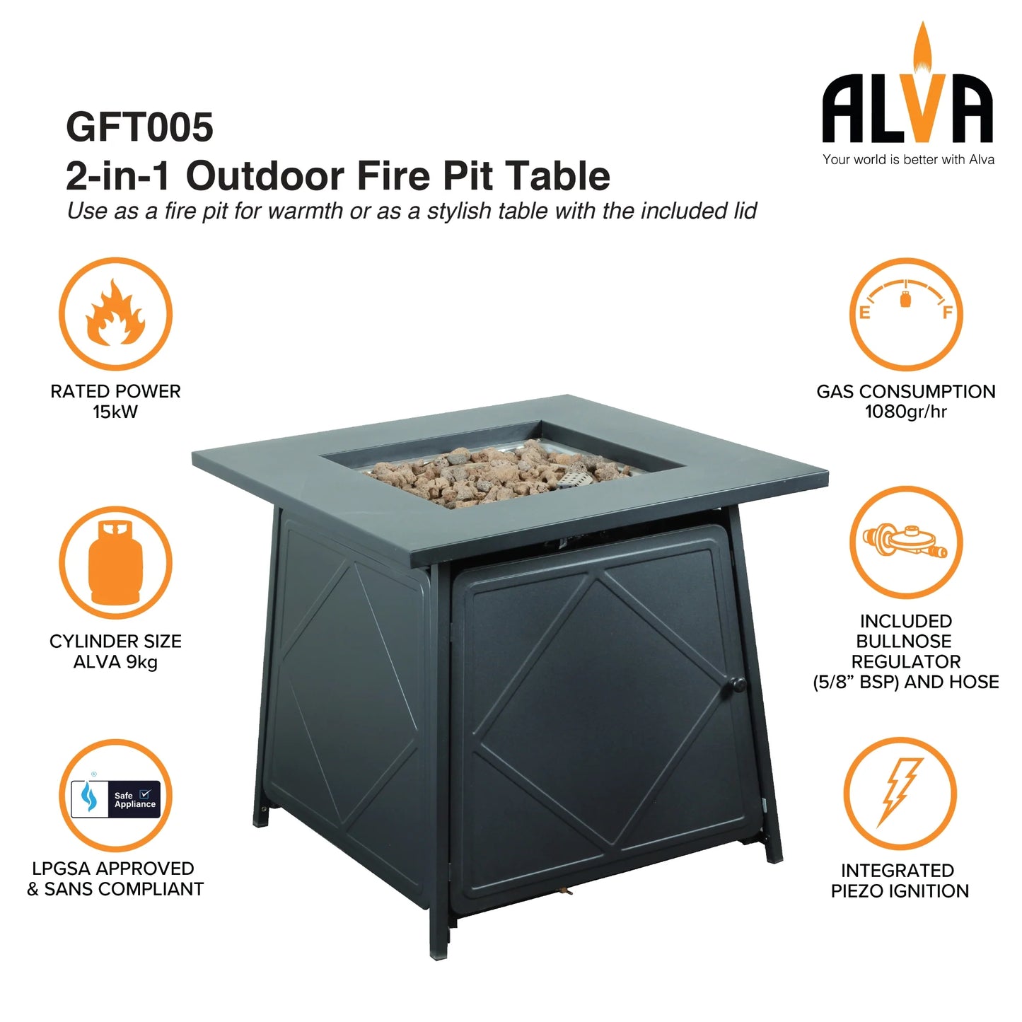 Alva Gas Firetable With Lava Rocks & Lid | GFT000