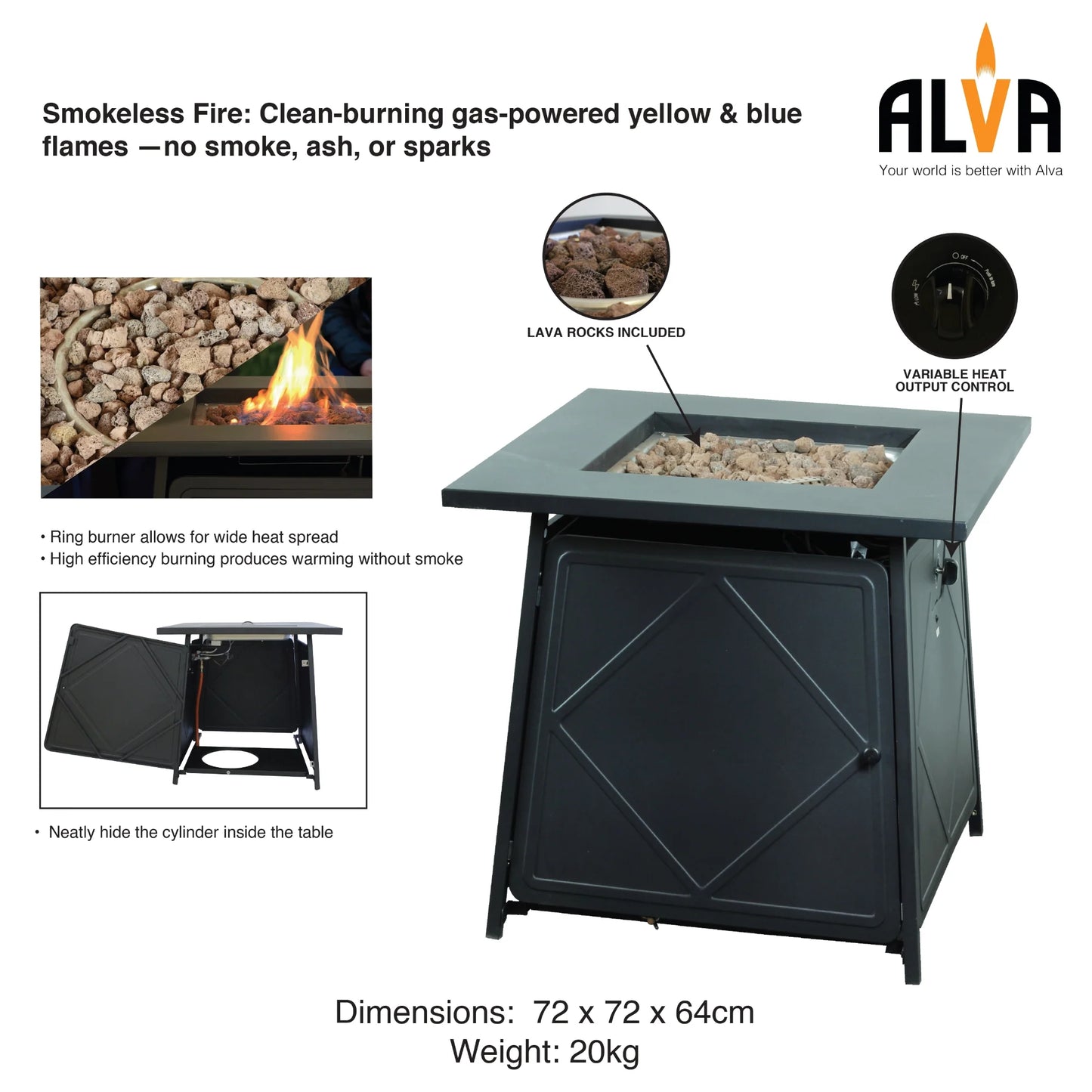 Alva Gas Firetable With Lava Rocks & Lid | GFT000