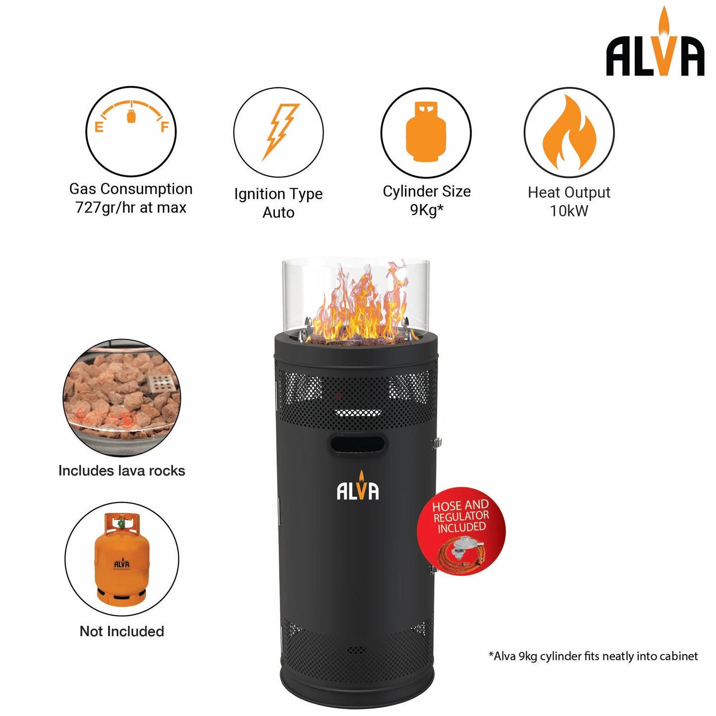 Alva Short Stand Firepit Gas Patio Heater With Lava Stones(10kW) | GHP38