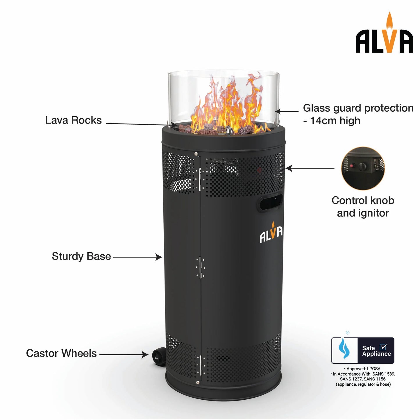 Alva Short Stand Firepit Gas Patio Heater With Lava Stones(10kW) | GHP38