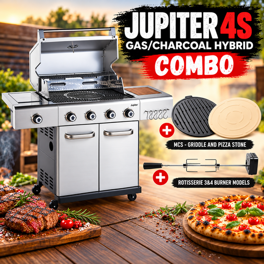 Outback Jupiter 4S Gas & Charcoal Hybrid Braai Combo with MCS Griddle, Pizza Stone & Rotisserie