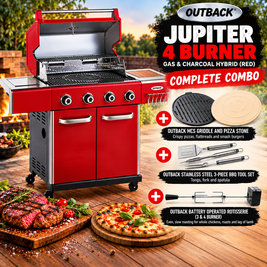 Outback® Jupiter 4 Burner Hybrid Red, Pizza Stone, 3PCS Tool Set & Rotisserie Combo