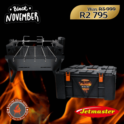 Jetmaster Camp Braai(Mild Steel) Complete with Grill, Kebab Rods, Potjie Frame & Rotisserie