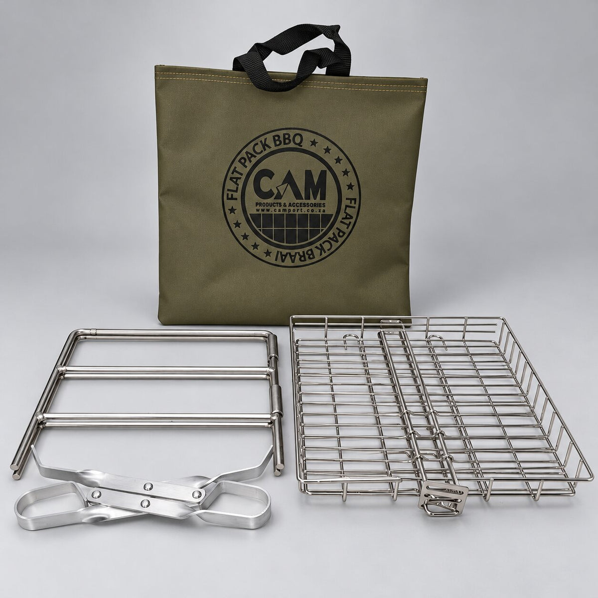 CAM braai grid, 3-level stand and aluminium tongs combo with ripstop carry bag