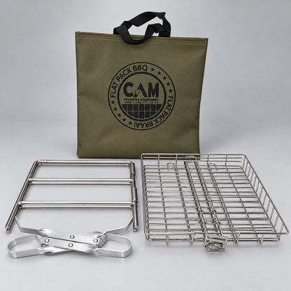 CAM braai grid, 3-level stand and aluminium tongs combo with ripstop carry bag