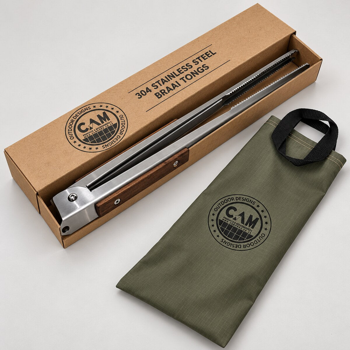 CAM braai tongs in kraft box with ripstop carry bag