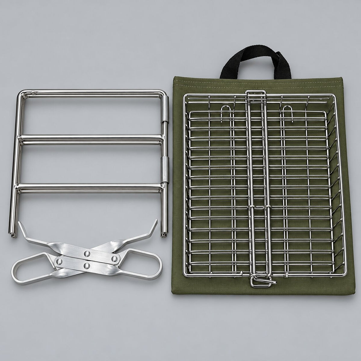 CAM folding braai stand, aluminium tongs and hinged braai grid on carry bag