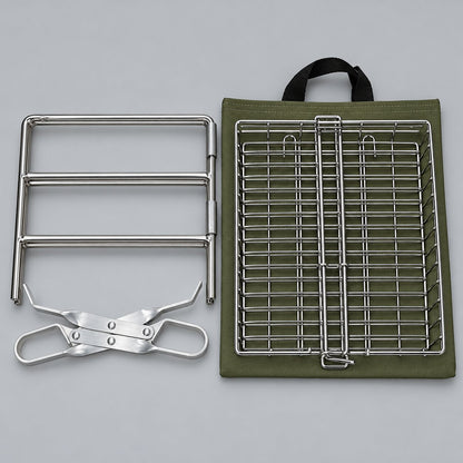 CAM folding braai stand, aluminium tongs and hinged braai grid on carry bag