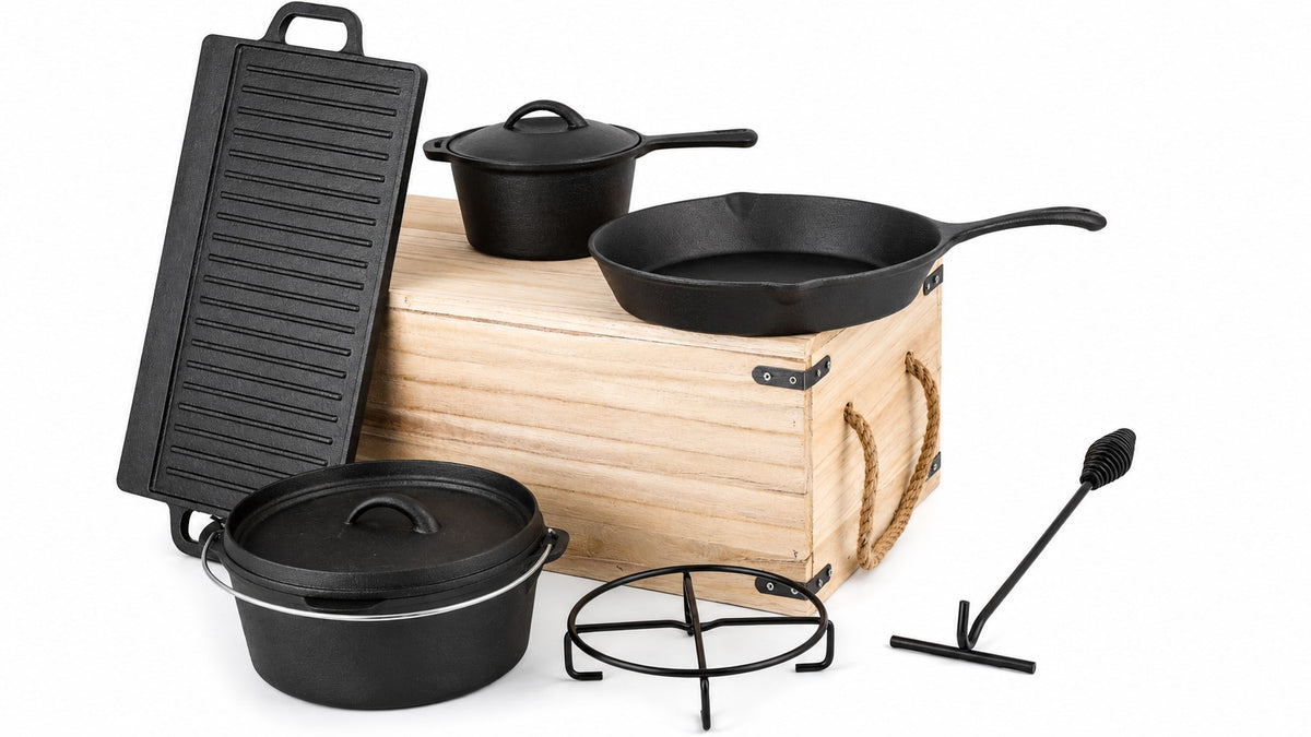 Totai 7 Piece Cast Iron Dutch Oven Set with Wooden Box