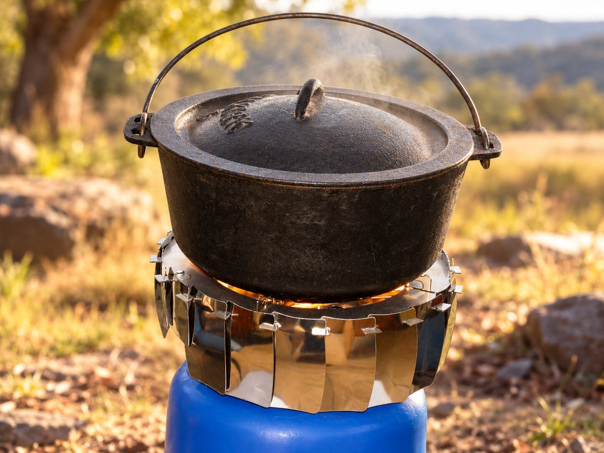 Gas wind protector with sleeves down cooking a cast iron potjie outdoors