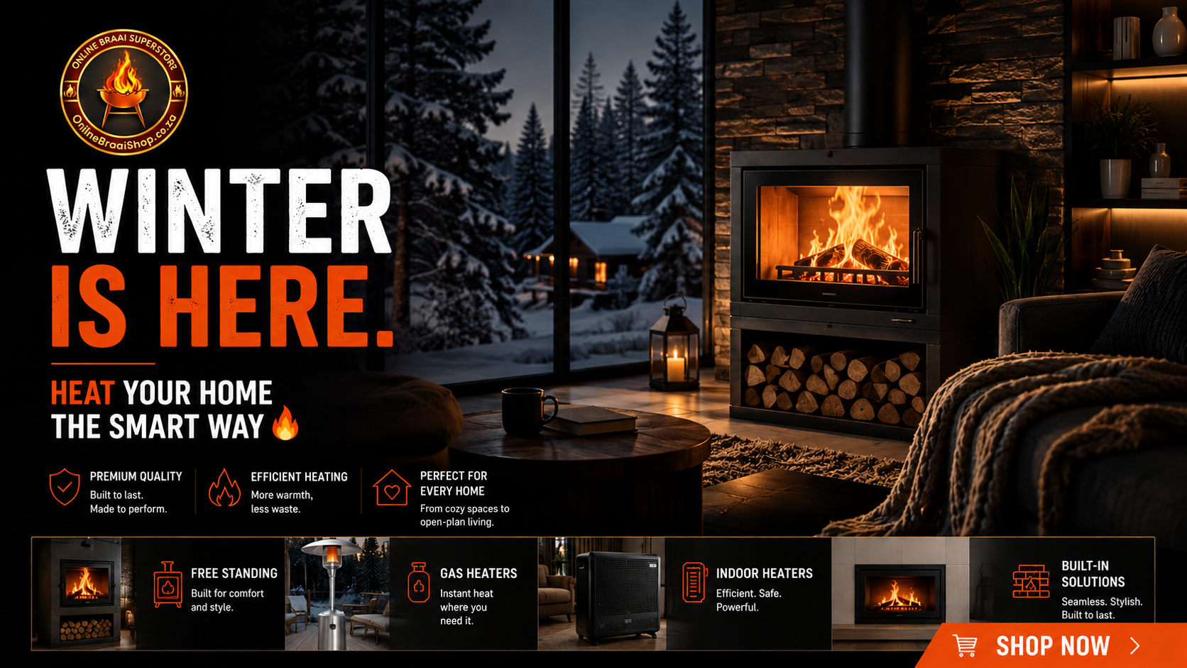 Cozy living room with a fireplace, 'Winter is Here' text, and promotional graphics for heating solutions.