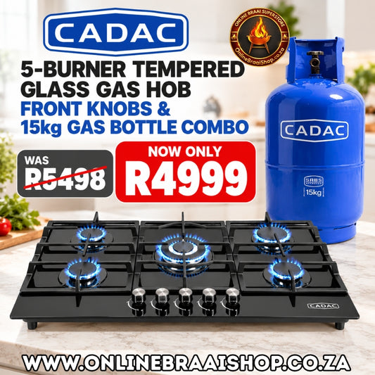 THE CADAC 5-BURNER TEMPERED GLASS GAS HOB FRONT KNOBS & 15kg KG GAS BOTTLE